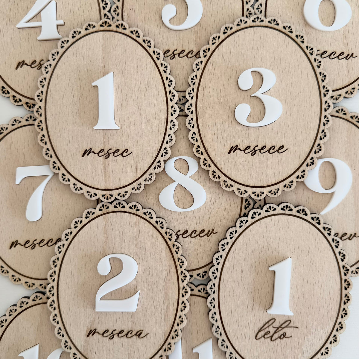 Milestone cards - wooden milestone cards with "lace"